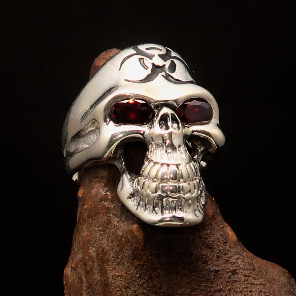 Excellent crafted Men's Gamer Ring black Biohazard Skull red CZ Eyes - Sterling Silver - BikeRing4u