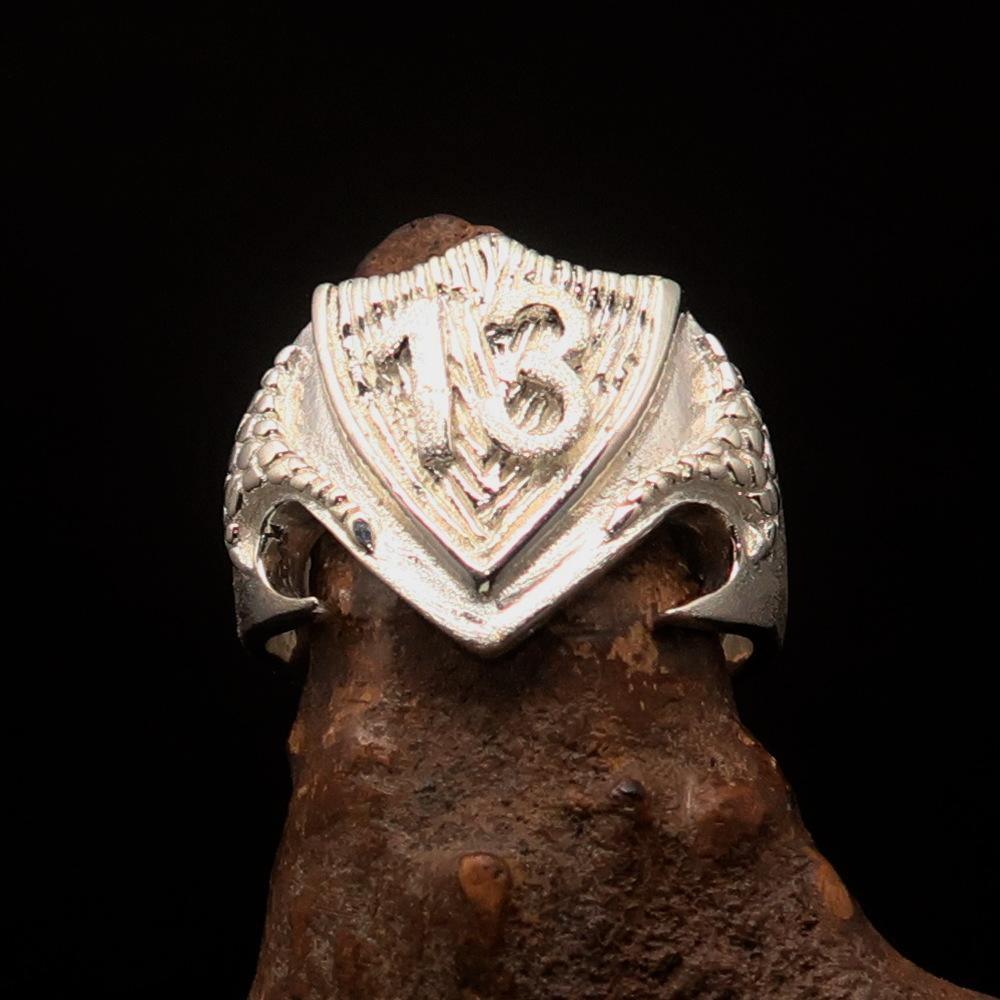 Excellent Crafted Men's Two-Tone Matte Lucky Number 13 Shield Ring - Sterling Silver - BikeRing4u