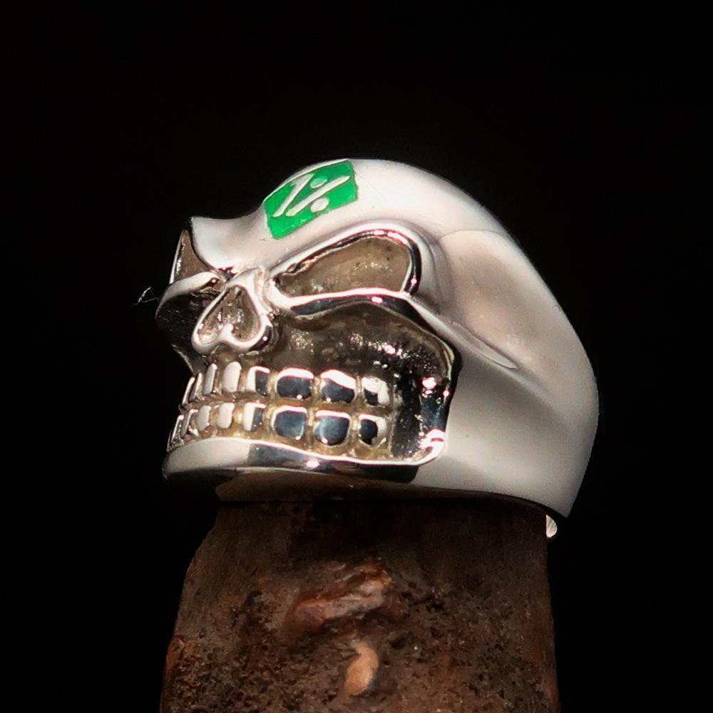 Excellent Crafted Men's Outlaw green 1% er Gnome Skull Ring - Sterling Silver - BikeRing4u