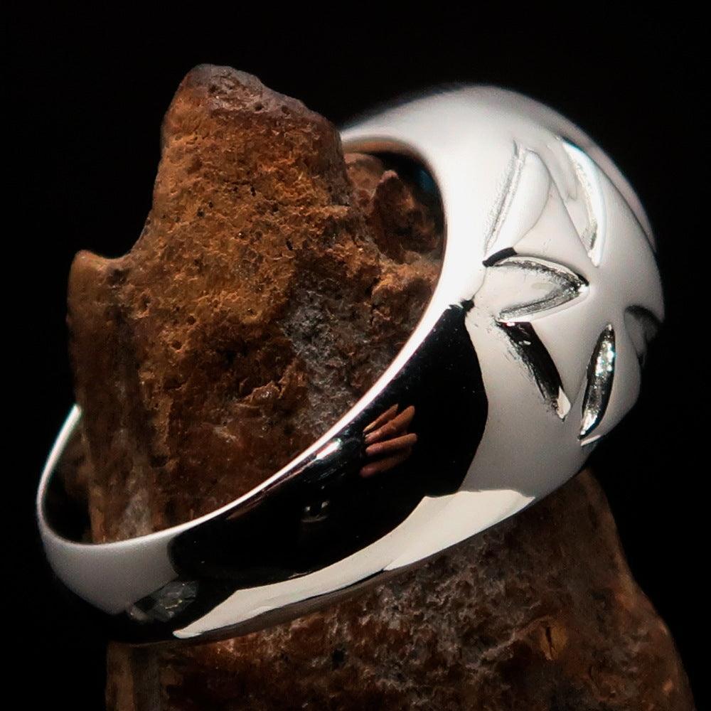 Nicely crafted Men's Solitaire Iron Cross Ring Blue Cubic Zirconia CZ - Sterling Silver - BikeRing4u