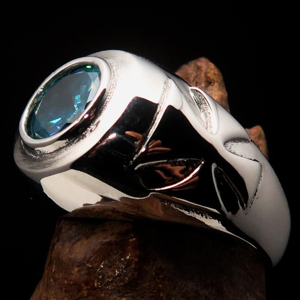 Nicely crafted Men's Solitaire Iron Cross Ring Blue Cubic Zirconia CZ - Sterling Silver - BikeRing4u