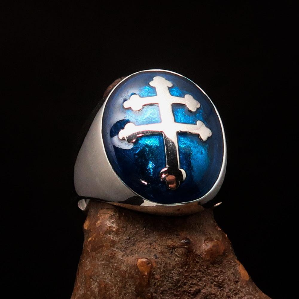 Excellent crafted oval domed Men's blue Cross Lorraine Ring - Sterling Silver - BikeRing4u