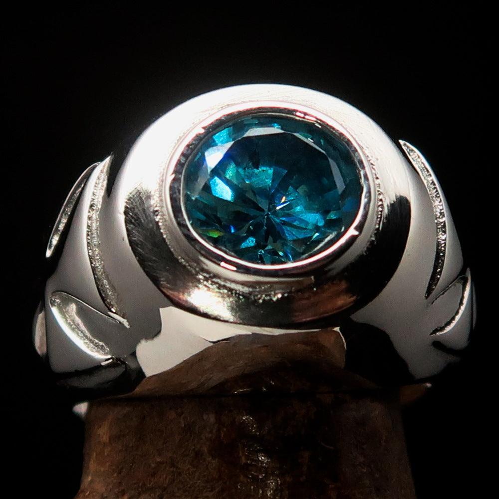 Nicely crafted Men's Solitaire Iron Cross Ring Blue Cubic Zirconia CZ - Sterling Silver - BikeRing4u