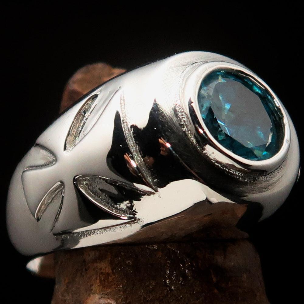 Nicely crafted Men's Solitaire Iron Cross Ring Blue Cubic Zirconia CZ - Sterling Silver - BikeRing4u