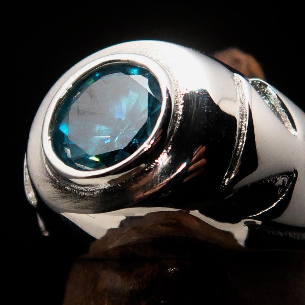 Nicely crafted Men's Solitaire Iron Cross Ring Blue Cubic Zirconia CZ - Sterling Silver - BikeRing4u