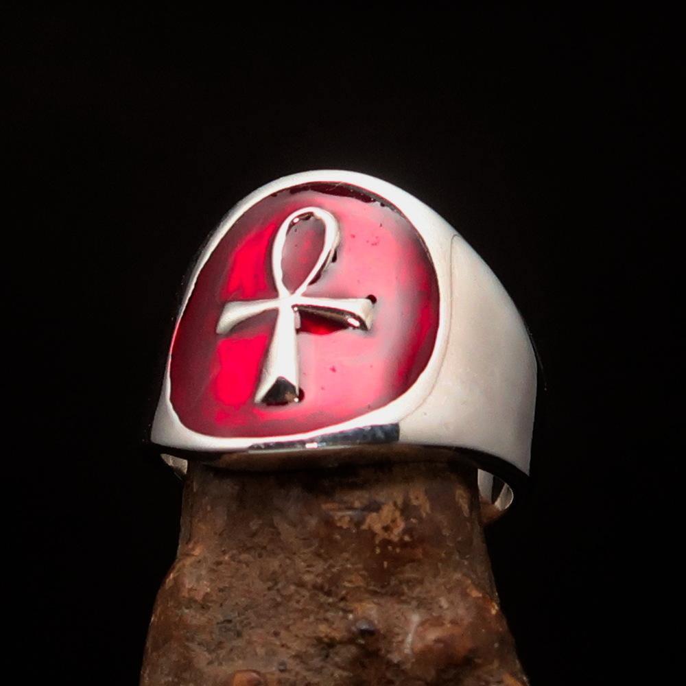 Excellent crafted Men's small red Egyptian Ankh Cross Ring - Sterling Silver - BikeRing4u