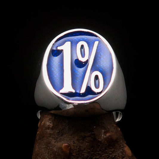 Nicely crafted Men's Outlaw Ring oval 1% Percent Symbol Blue - Sterling Silver - BikeRing4u
