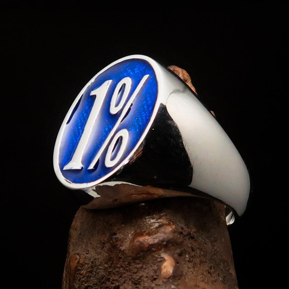 Nicely crafted Men's Outlaw Ring oval 1% Percent Symbol Blue - Sterling Silver - BikeRing4u