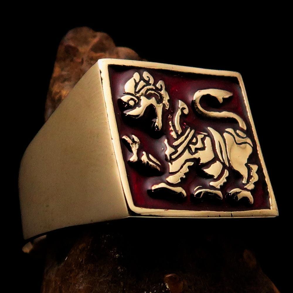 Perfectly crafted Men's red Sinhalese Lion Pinky Ring - Solid Brass - BikeRing4u