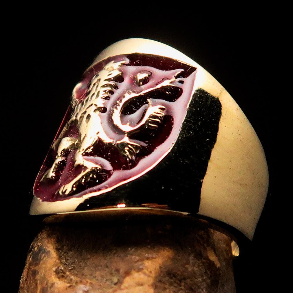 Excellent crafted ancient Men's red Rampant Lion Ring - Solid Brass - BikeRing4u