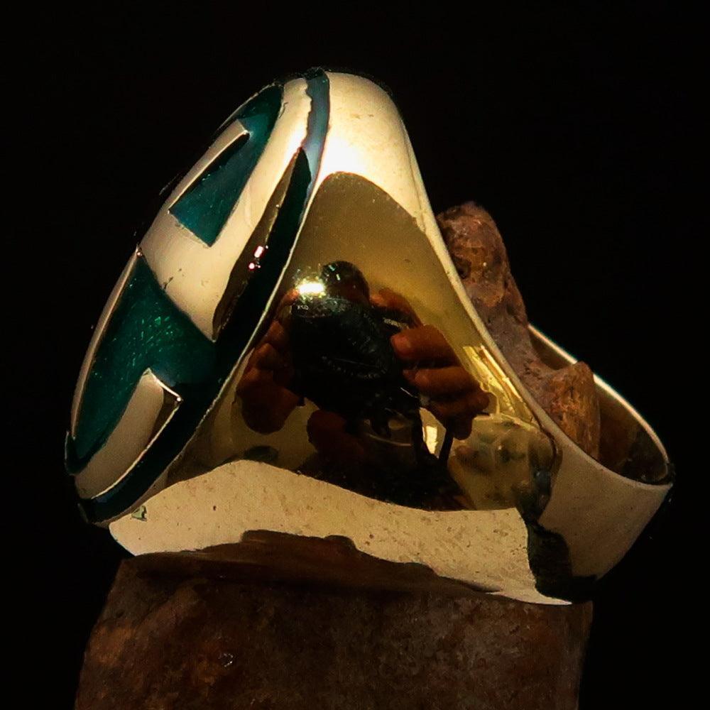 Excellent crafted Men's Ring modern green Christian Cross - Solid Brass - BikeRing4u