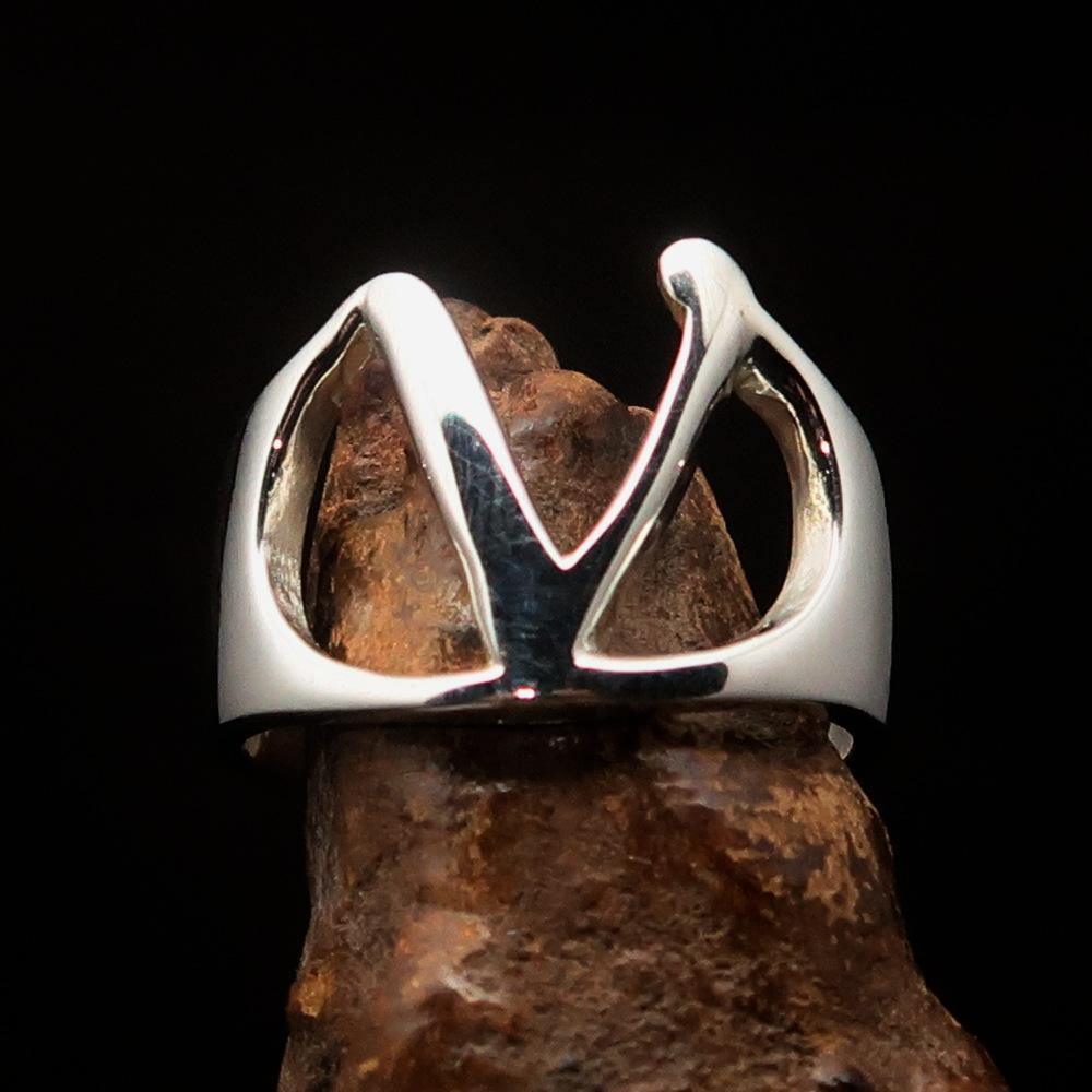 Men's Greek lower case Letter Initial Ring Nu - Sterling Silver - BikeRing4u
