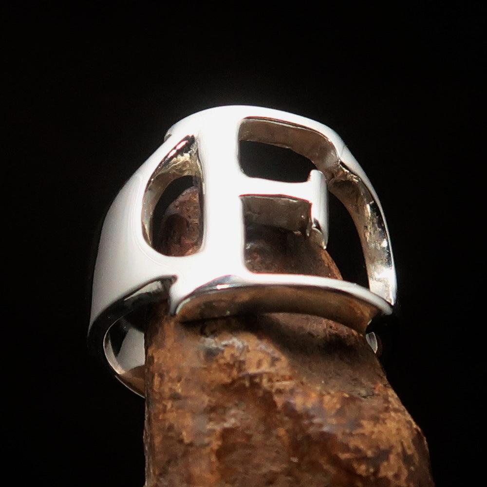 Men's Greek upper case Capital Letter Initial Ring Epsilon - Sterling Silver - BikeRing4u
