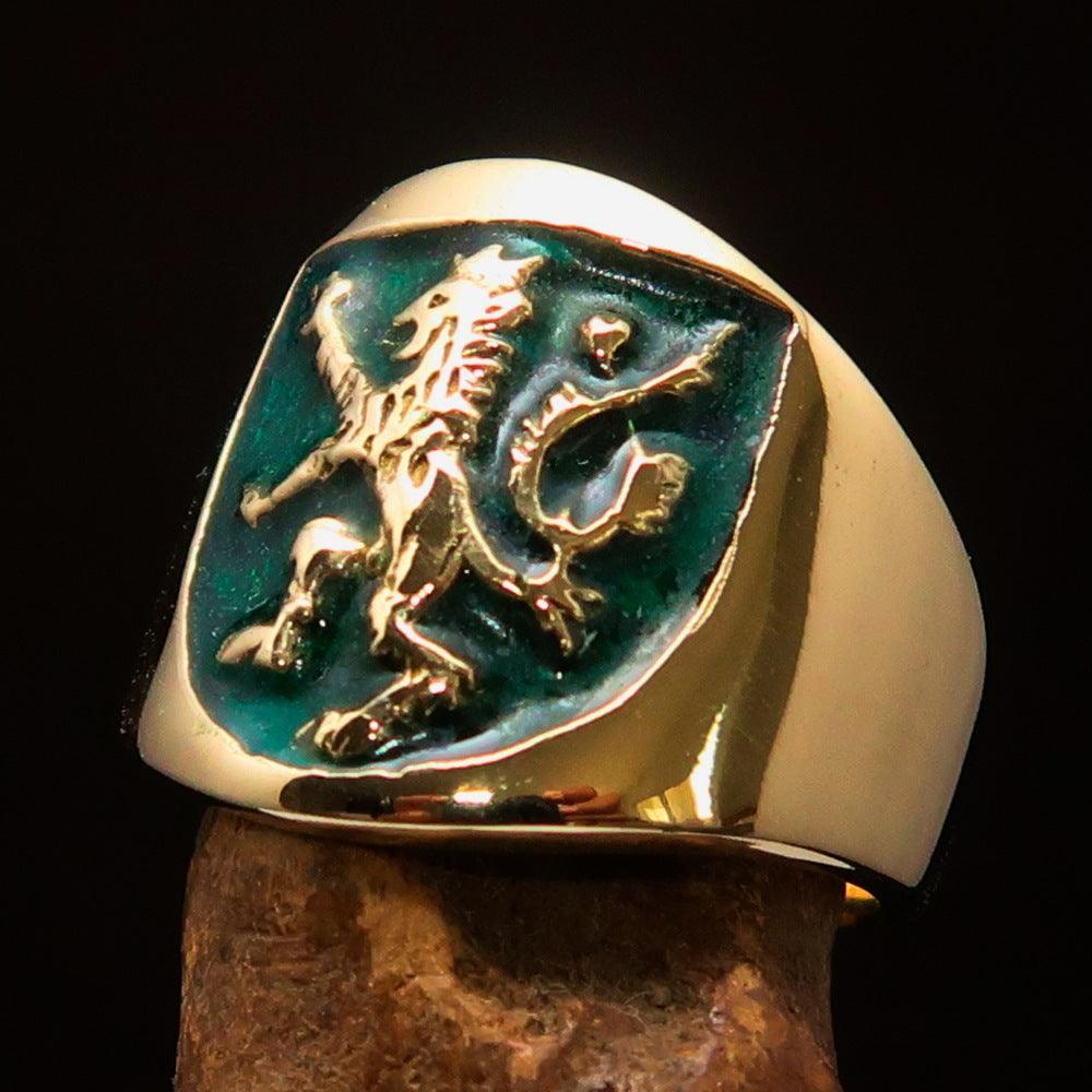 Excellent crafted ancient Men's green Rampant Lion Ring - Solid Brass - BikeRing4u