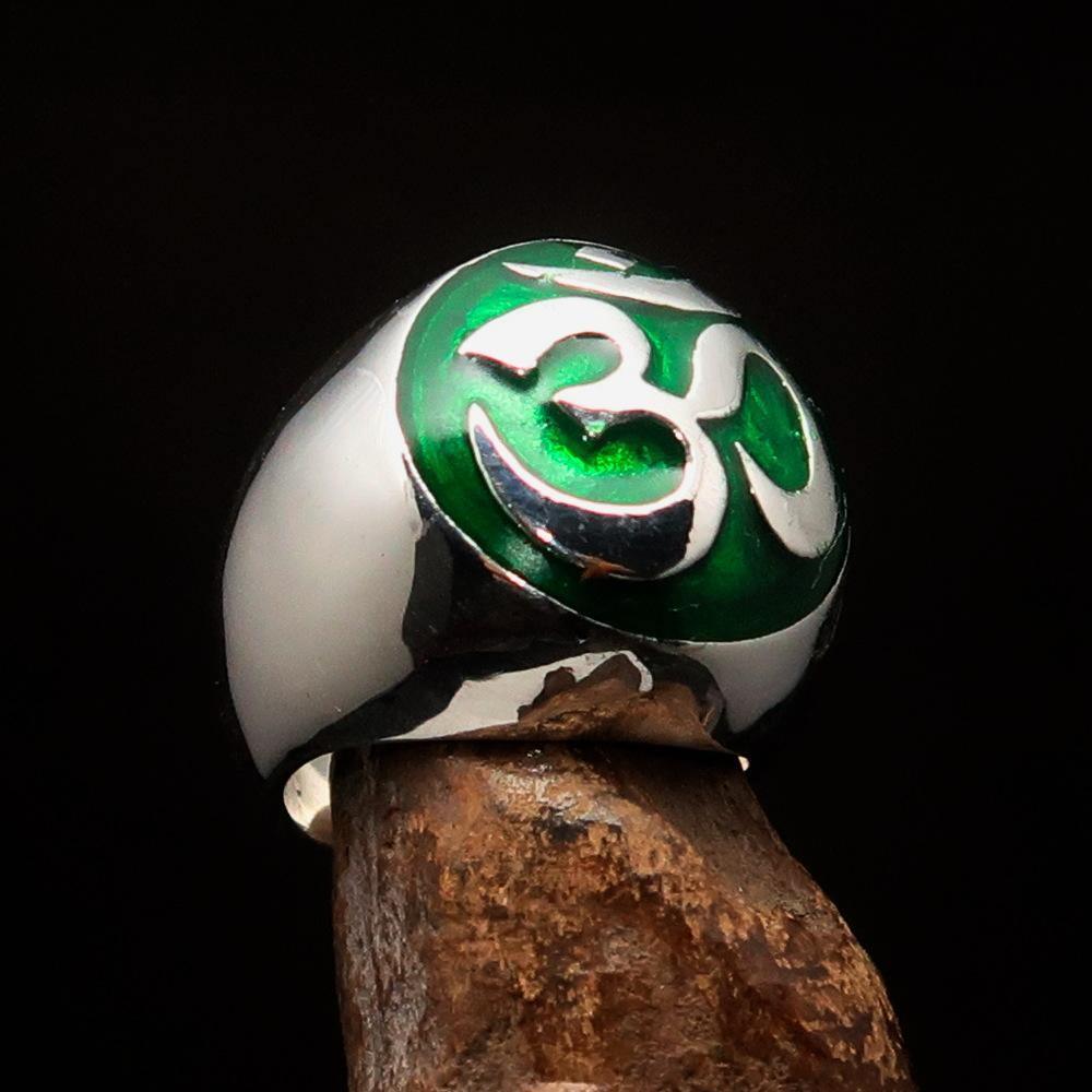 Nicely crafted domed Men's Buddhist Ring green Aum Symbol - Sterling Silver - BikeRing4u