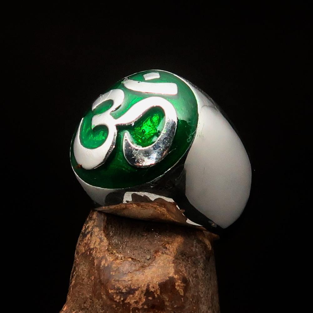 Nicely crafted domed Men's Buddhist Ring green Aum Symbol - Sterling Silver - BikeRing4u