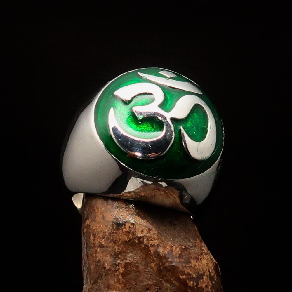 Nicely crafted domed Men's Buddhist Ring green Aum Symbol - Sterling Silver - BikeRing4u