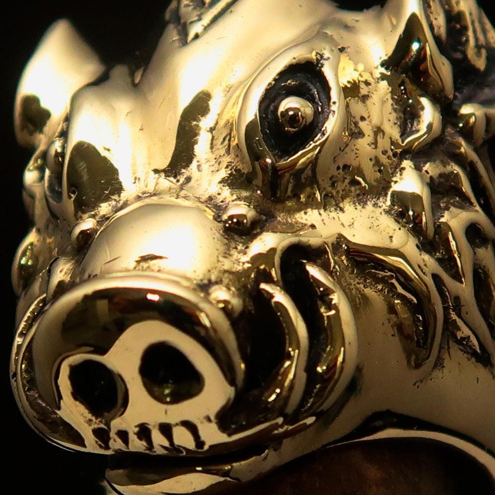 Heavy Excellent crafted Biker Ring Boar Wild Pig - antiqued Brass - BikeRing4u