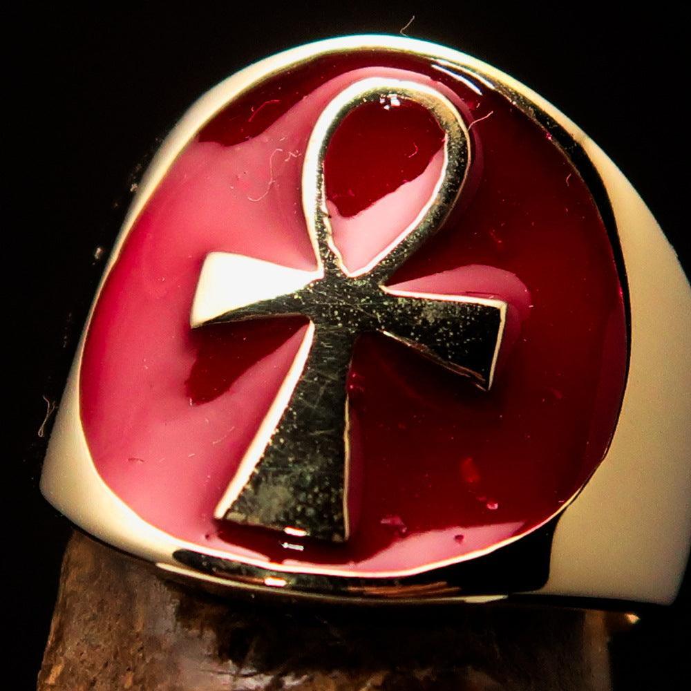 Excellent crafted Men's big red Egyptian Ankh Cross Ring - solid Brass - BikeRing4u