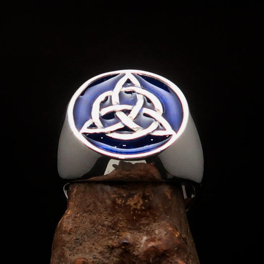 Nicely crafted Men's Triquetra Ring Celtic Triskelion Knot Blue - Sterling Silver - BikeRing4u
