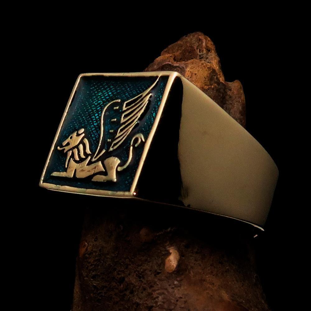 Perfectly crafted Men's Ring winged Lion of Venice Blue - Solid Brass - BikeRing4u