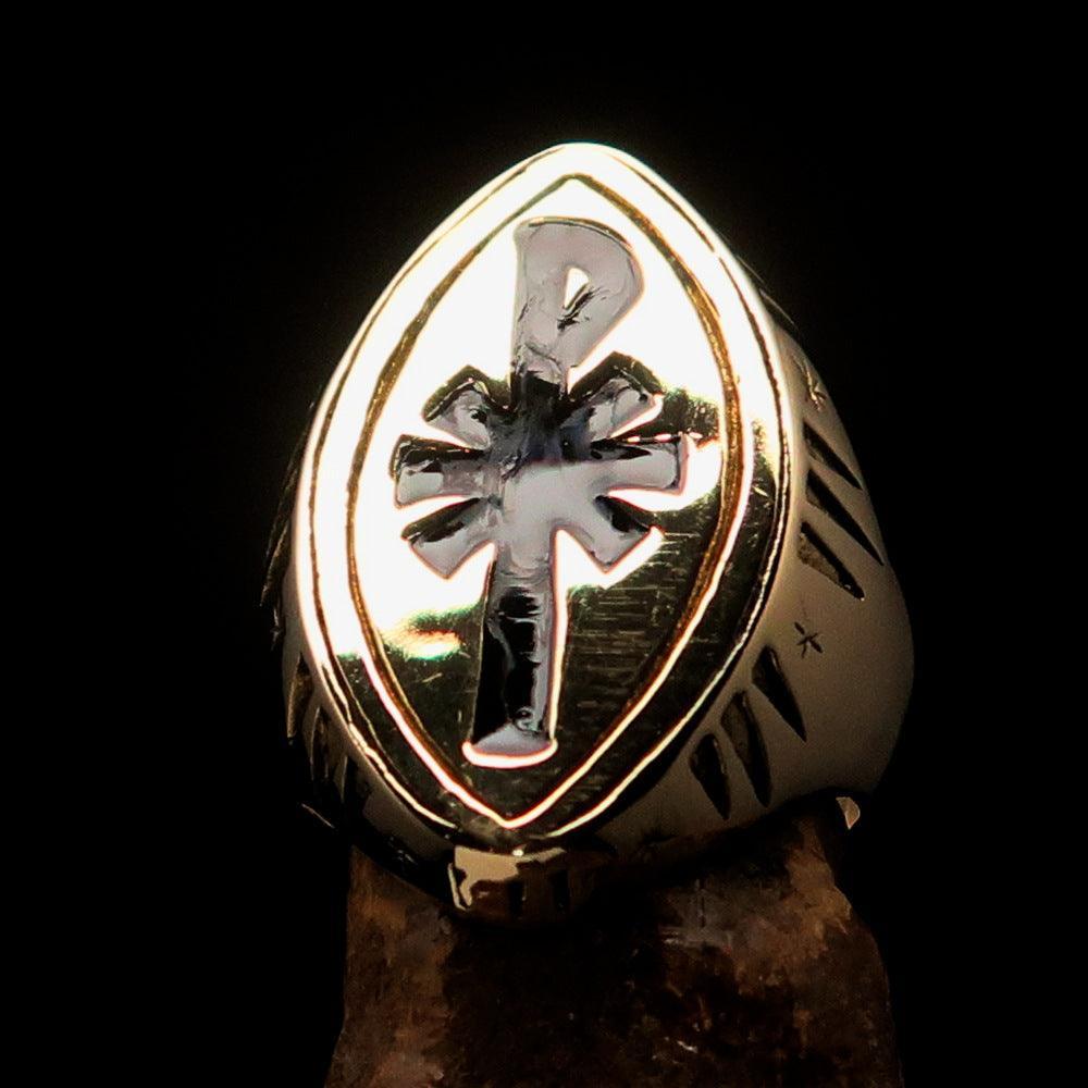 Ancient Christian Monogram Men's Cross Ring black Chi Rho XP - Solid Brass - BikeRing4u