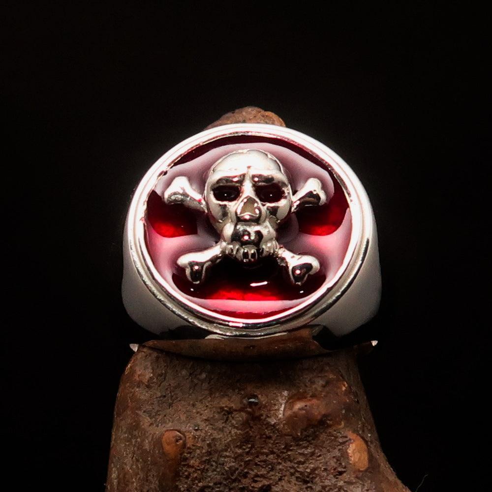 Nicely crafted Men's Pirate Ring red Jolly Roger crossed Bones Skull - Sterling Silver - BikeRing4u