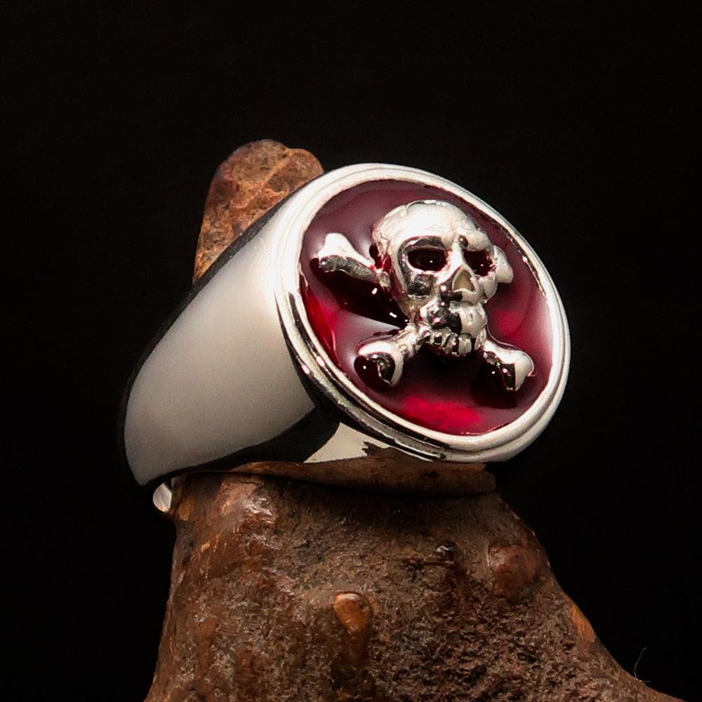 Nicely crafted Men's Pirate Ring red Jolly Roger crossed Bones Skull - Sterling Silver - BikeRing4u