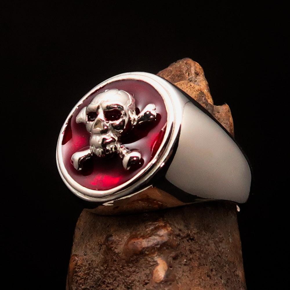 Nicely crafted Men's Pirate Ring red Jolly Roger crossed Bones Skull - Sterling Silver - BikeRing4u