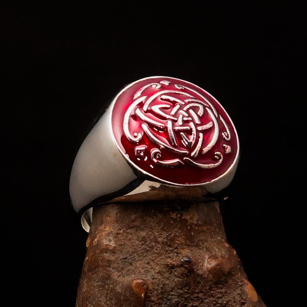Excellent domed Men's Ring red Celtic Triquetra Knot - Sterling Silver - BikeRing4u