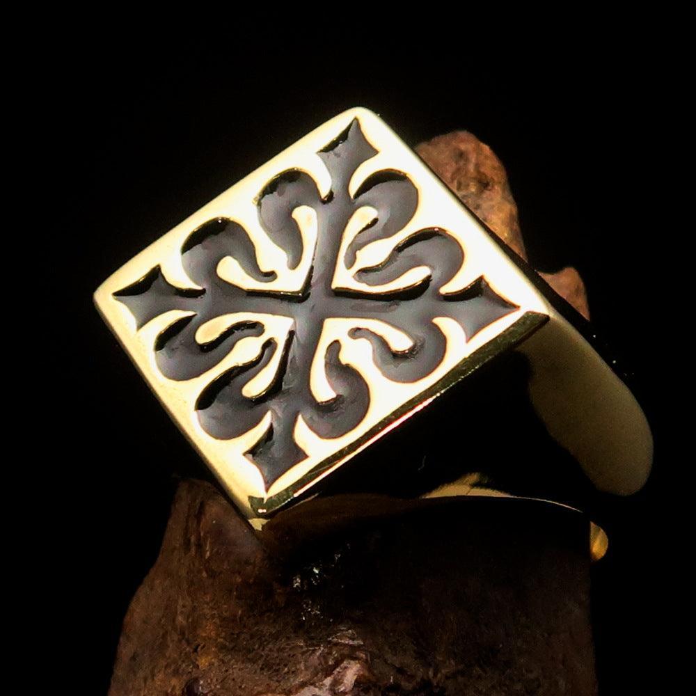 Excellent crafted Men's Black Fleur de Lis Cross Ring - solid Brass - BikeRing4u