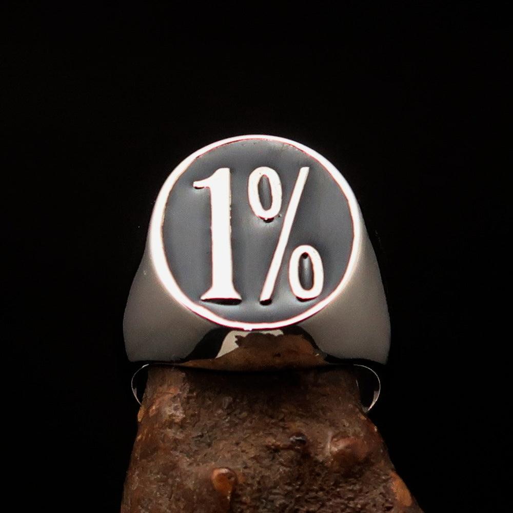 Nicely crafted Men's Outlaw Ring oval Black 1% Percent Symbol - Sterling Silver - BikeRing4u