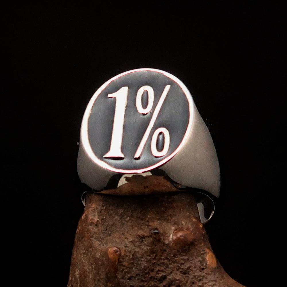 Nicely crafted Men's Outlaw Ring oval Black 1% Percent Symbol - Sterling Silver - BikeRing4u