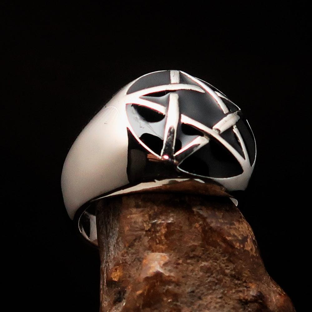 Excellent crafted Men's Pinky Ring domed Black Pentagram - Sterling Silver - BikeRing4u