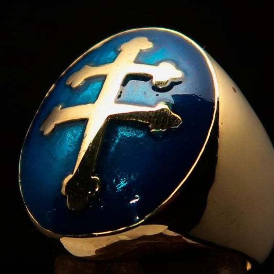Excellent crafted oval domed Men's blue Cross Lorraine Ring - solid Brass - BikeRing4u