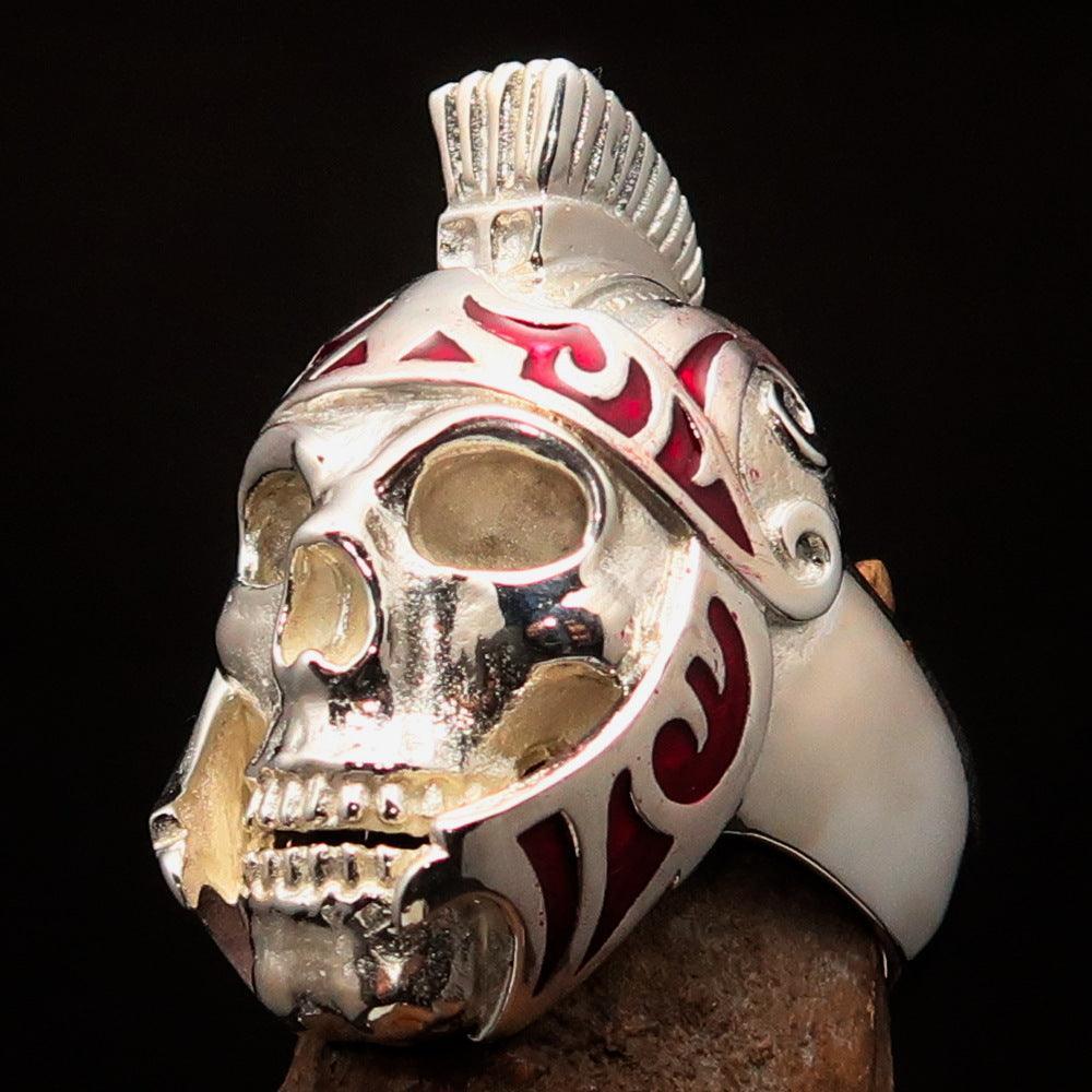 Excellent crafted Men's Skull Biker Ring red Roman Centurion - Sterling Silver - BikeRing4u