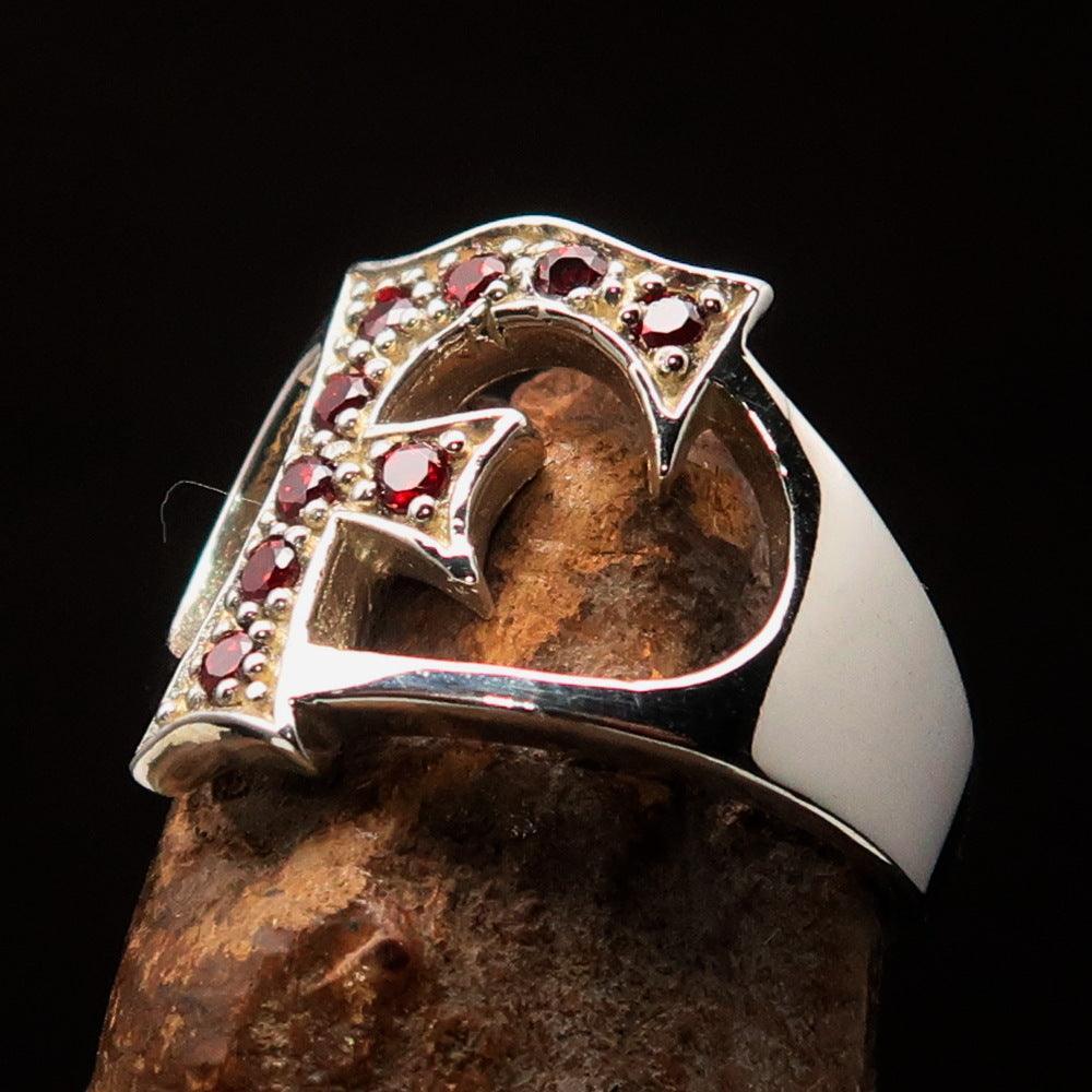 Excellent crafted Initial Ring Bold Letter F - 9 red CZ - Sterling Silver - BikeRing4u