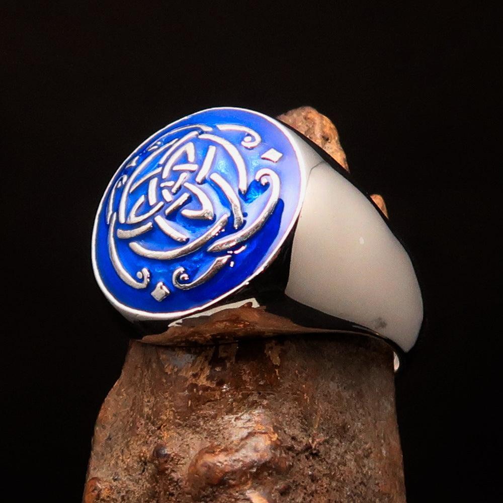 Excellent domed Men's Ring blue Celtic Triquetra Knot - Sterling Silver - BikeRing4u