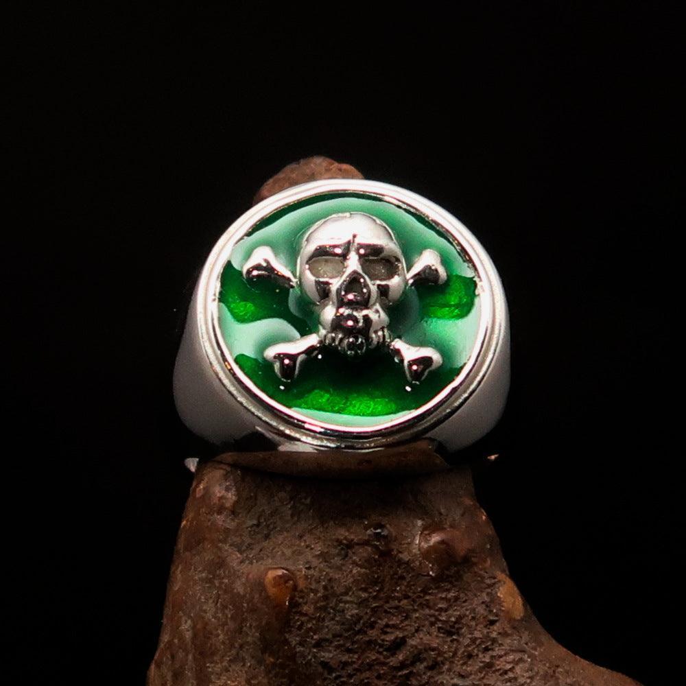 Nicely crafted Men's Pirate Ring green Jolly Roger crossed Bones Skull - Sterling Silver - BikeRing4u