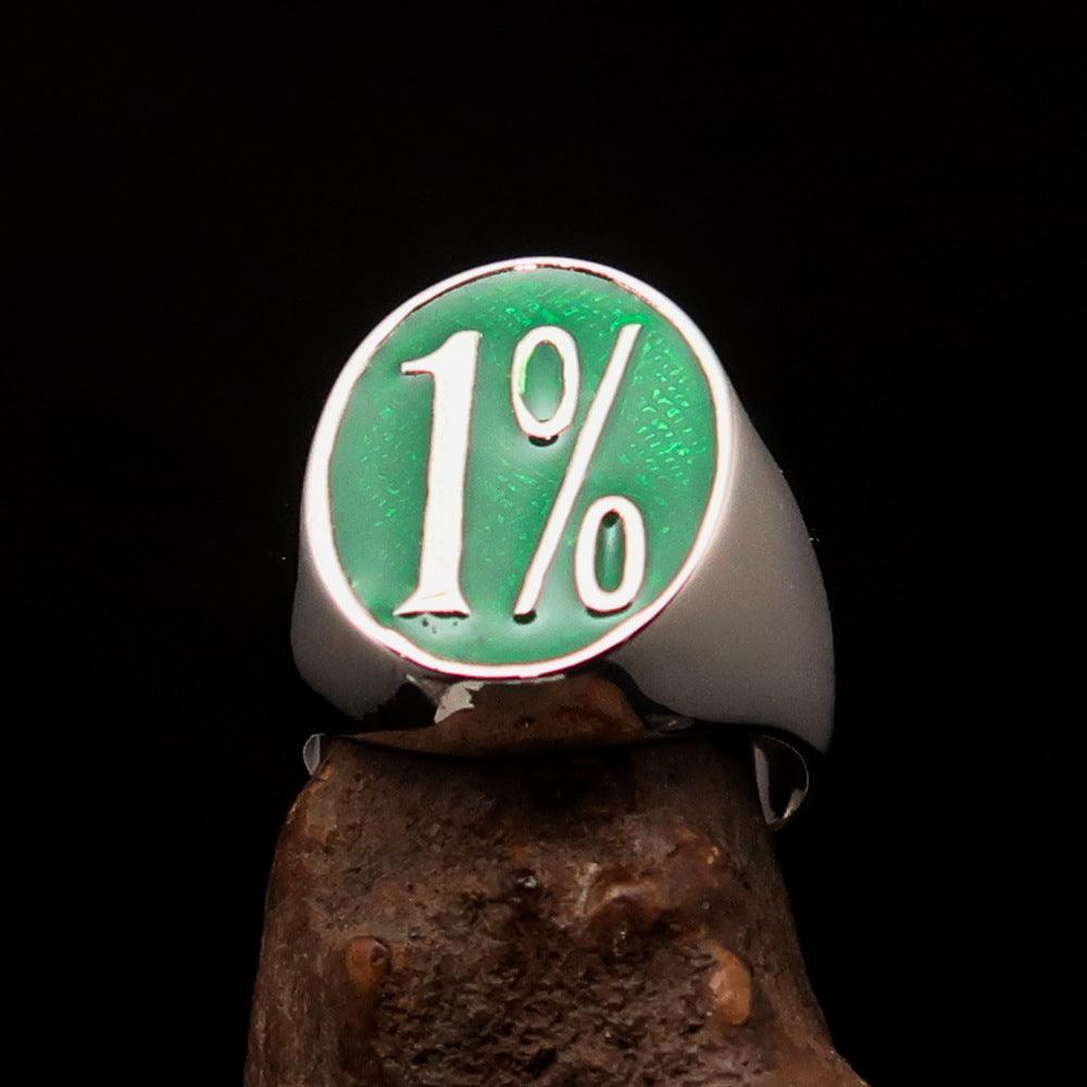 Nicely crafted Men's Outlaw Ring oval green 1% Percent Symbol - Sterling Silver - BikeRing4u