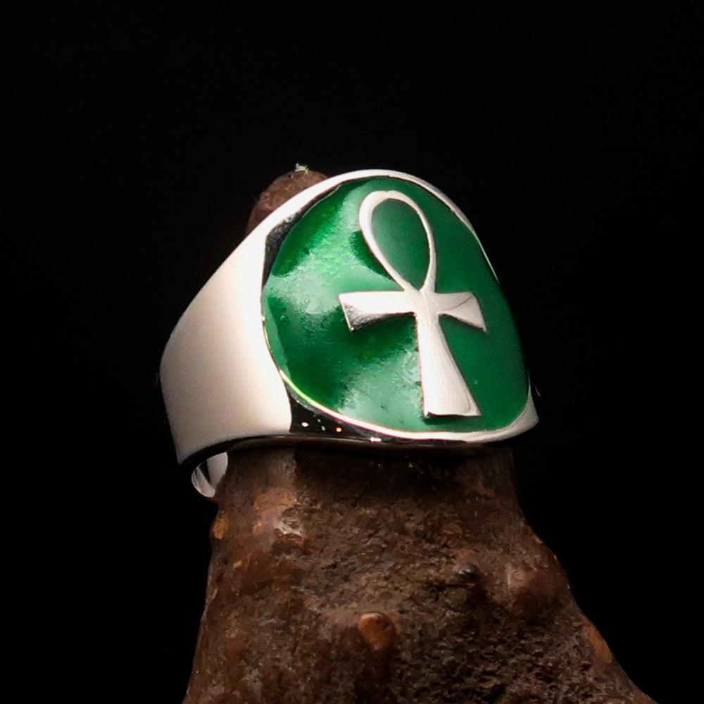 Excellent crafted Men's big green Egyptian Ankh Cross Ring - Sterling Silver - BikeRing4u
