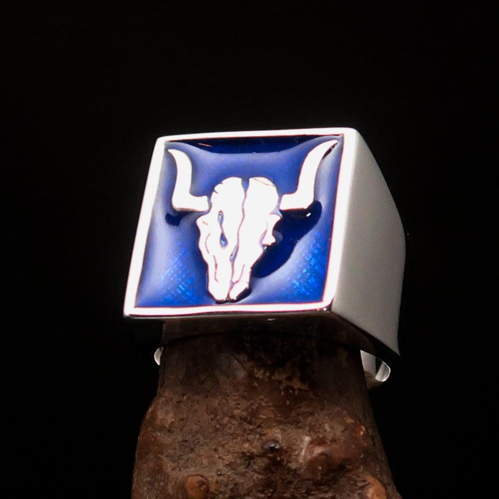 Perfectly crafted Men's Cowboy Ring blue Bull Skull - Sterling Silver - BikeRing4u