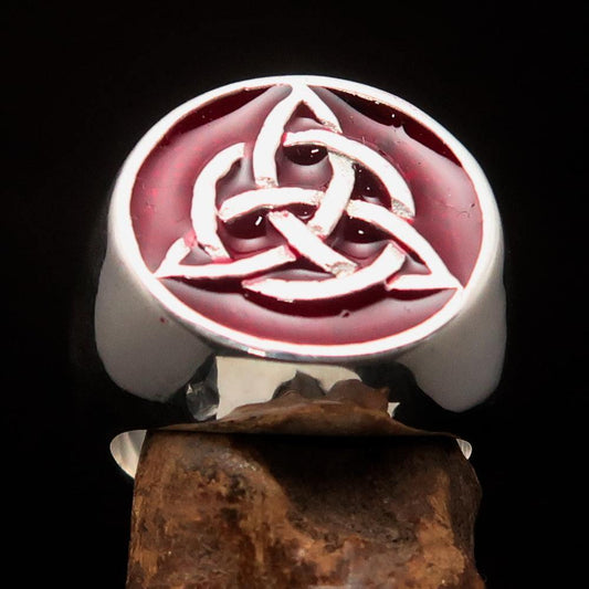 Nicely crafted Men's Triquetra Ring Celtic Triskelion Knot Red - Sterling Silver - BikeRing4u