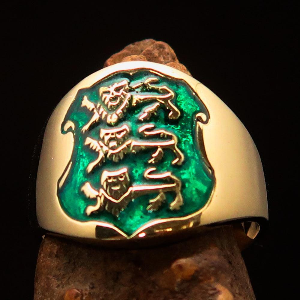 Excellent crafted Men's green 3 Lions Coat of Arms Pinky Ring - solid Brass - BikeRing4u