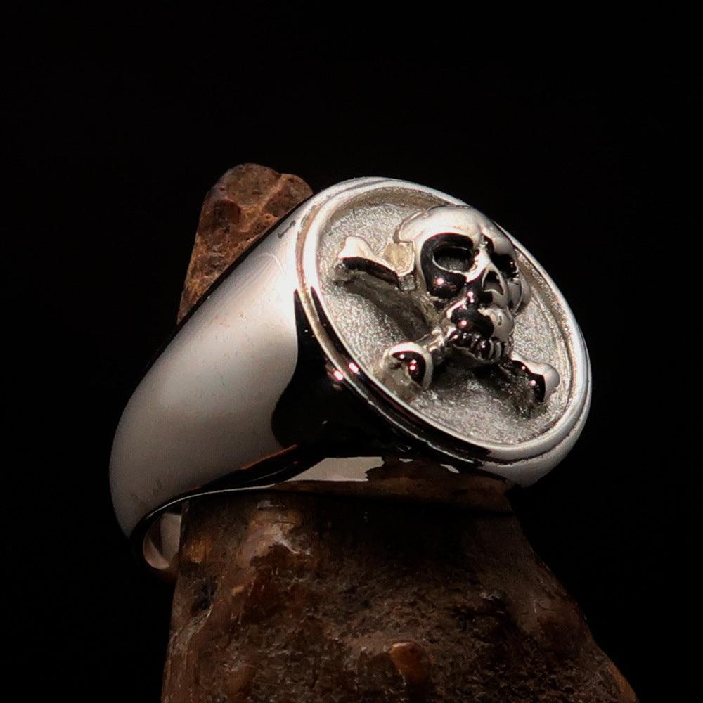 Nicely crafted Men's Pirate Ring Jolly Roger crossed Bones Skull - two tone Sterling Silver - BikeRing4u