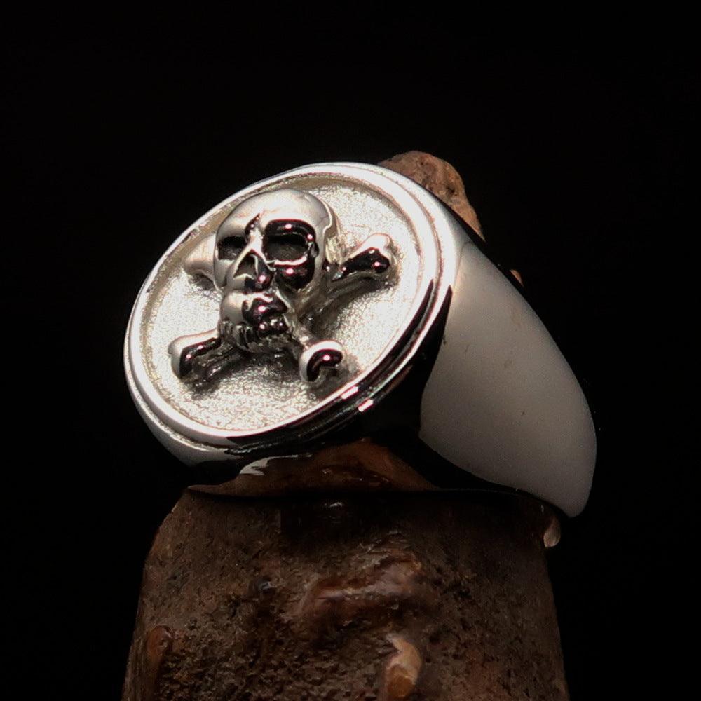 Nicely crafted Men's Pirate Ring Jolly Roger crossed Bones Skull - two tone Sterling Silver - BikeRing4u