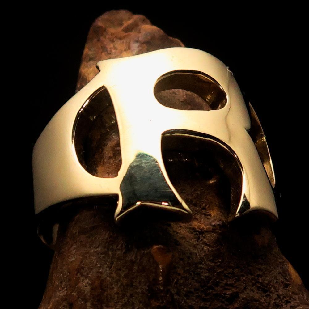 Mirror polished Men's Brass Initial Ring one bold Letter R - BikeRing4u