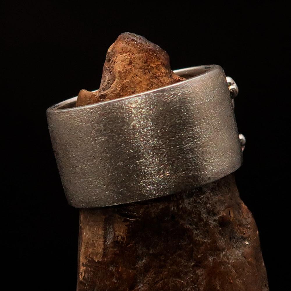 Excellent crafted Men's Pirate Band Ring Jolly Roger Skull - two tone Sterling Silver - BikeRing4u