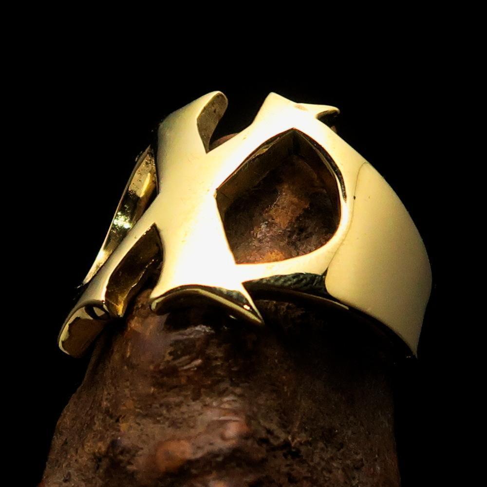Mirror polished Men's Brass Initial Ring one bold Letter X - BikeRing4u