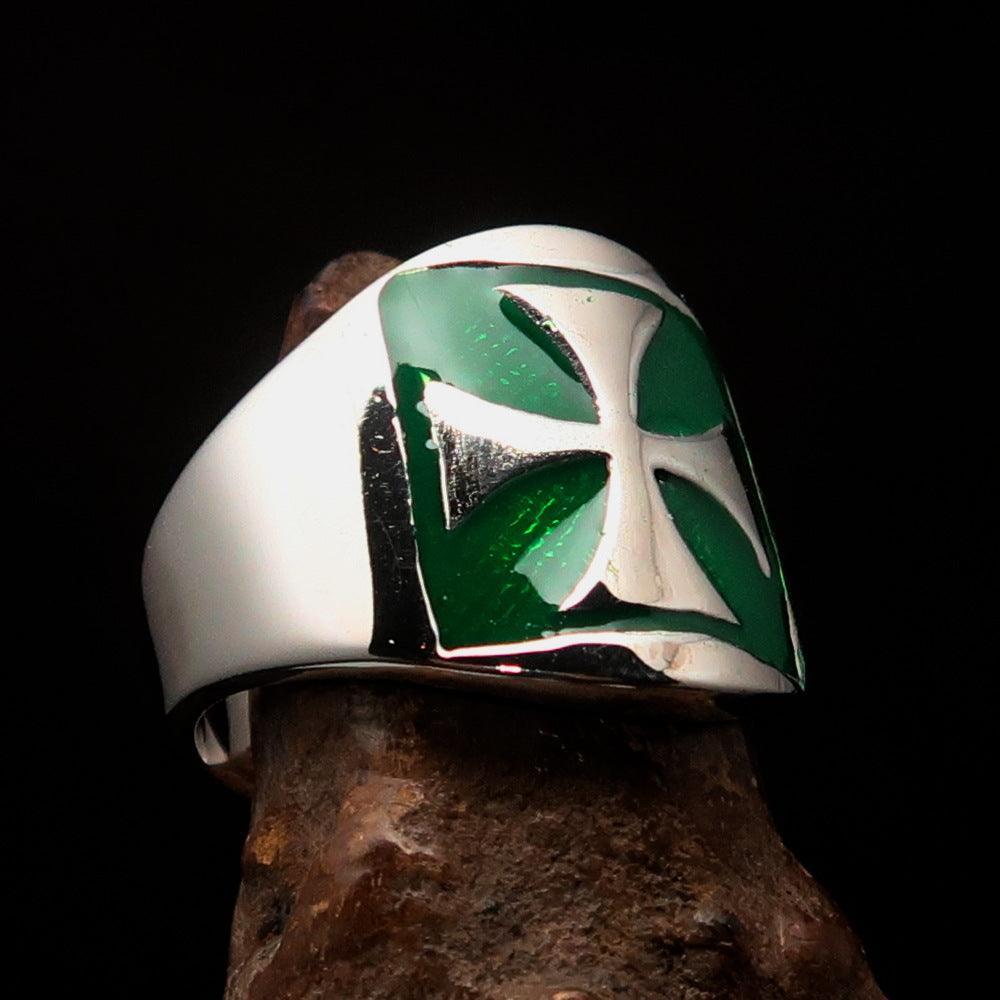 Excellent crafted Men's green Iron Cross Biker Ring - Sterling Silver - BikeRing4u